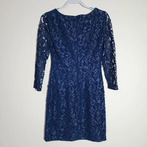Lauren Ralph Lauren Womens Lace Sheath Dress Size 4 Blue V-Neck Holiday Party - Picture 2 of 9